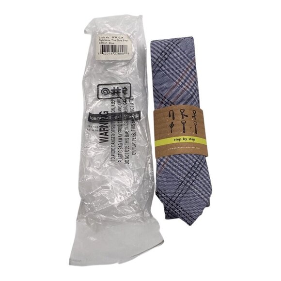 Skinny Tie Madness Blue Plaid Neck Tie Men Style SKM3224 "The Blue Bird" Cotton - Picture 7 of 10